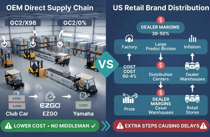 OEM lithium golf cart battery manufacturer warehouse showing direct supply chain vs US retail brand distribution and dealer margins OEM lithium golf cart battery manufacturer warehouse showing direct supply chain vs US retail brand distribution and dealer margins